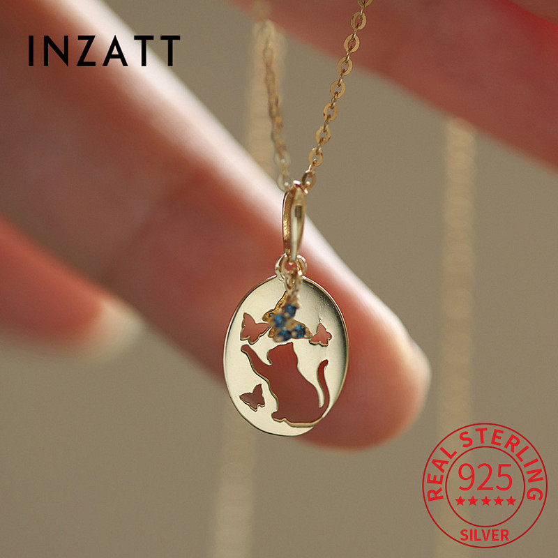 INZATT Real 925 Sterling Silver Butterfly 14k Gold Zircon Cat Pendant Choker Necklace For Women Cute