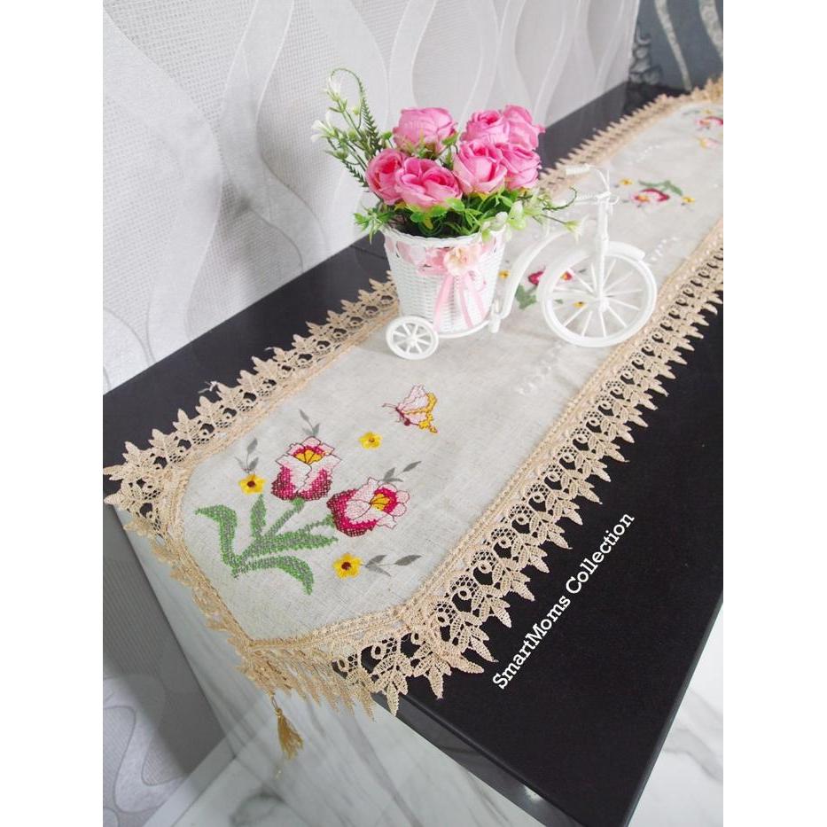 TAPLAK MEJA MAKAN RENDA STRIMIN / TAPLAK MEJA PANJANG TV RENDA TULIP KREM PINK KAIN