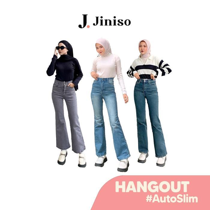 Hangout - Jiniso Stretch Cutbray Pocket Celana Jeans Wanita Highwaist