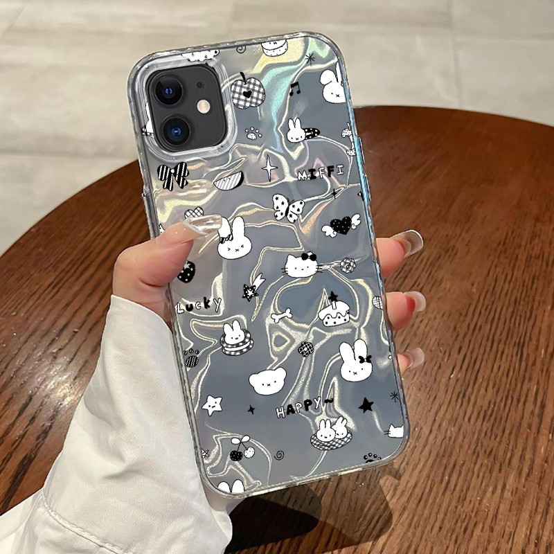 Casing Hp Untuk iPhone 11 Pro Max 12 Pro Max 13 14 15 Case Cute Trendy Rabbit Stickers Laser Kesing 