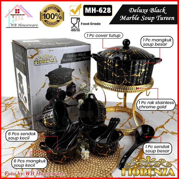 FIORENZA soup tureen black marble duluxe series with rack / mangkuk set+rak/ mangkok es buah keramik