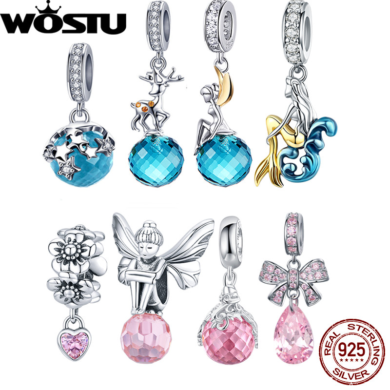 WOSTU 925 Sterling Silver Blue Pink Crystsal Charms Pendant Mermaid Angel Wing Flower Beads Fit