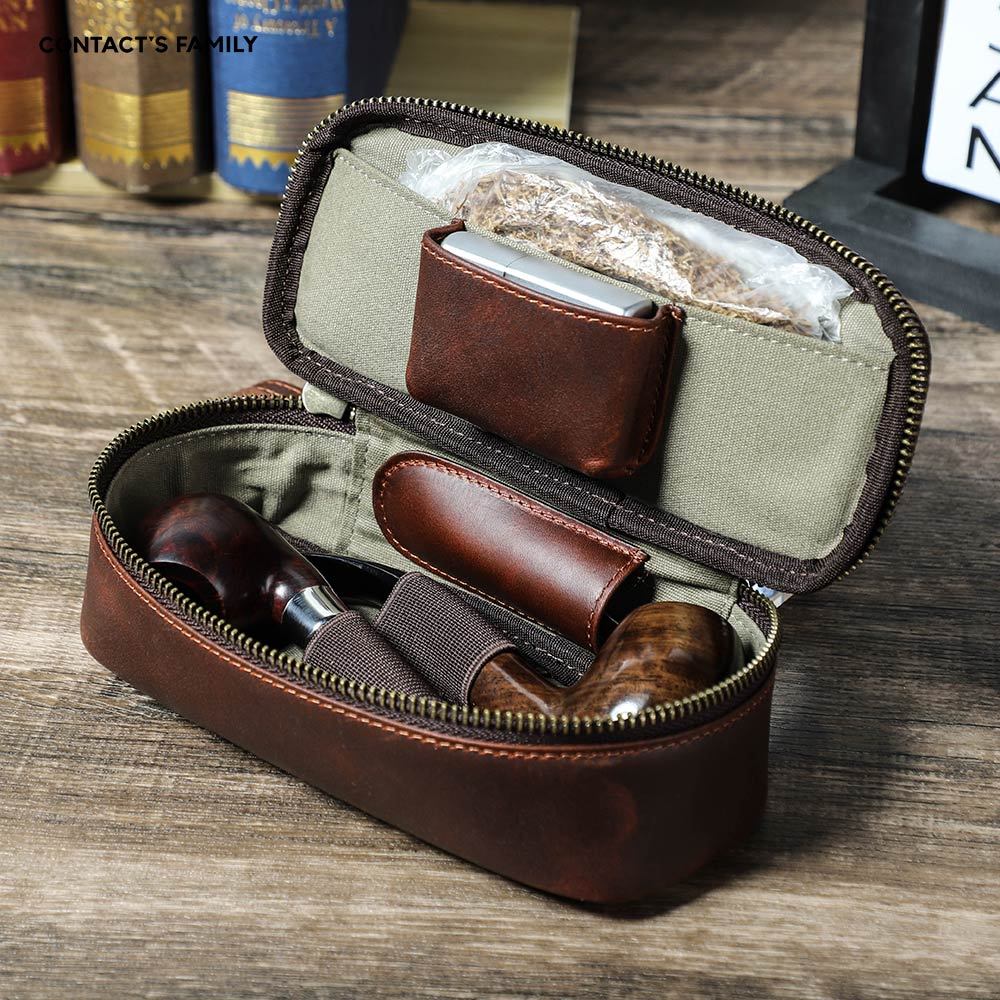 Portable Genuine Leather Tobacco Pipe Bag Can Hold Two Pipes Zippered Cigarette Holder Smoking Paper