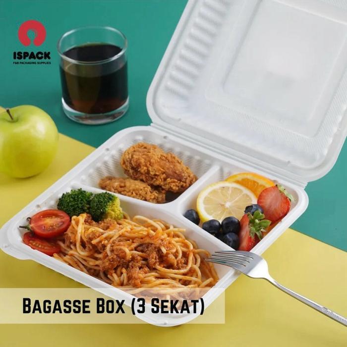 Bagasse Lunch Box Sekat 3 Sugarcane Eco Friendly