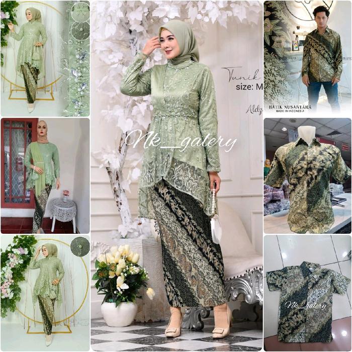 Couple Kebaya Sage Green Batik CM Sage mutiara panjang payet pendek lilit wanita tunik dewasa