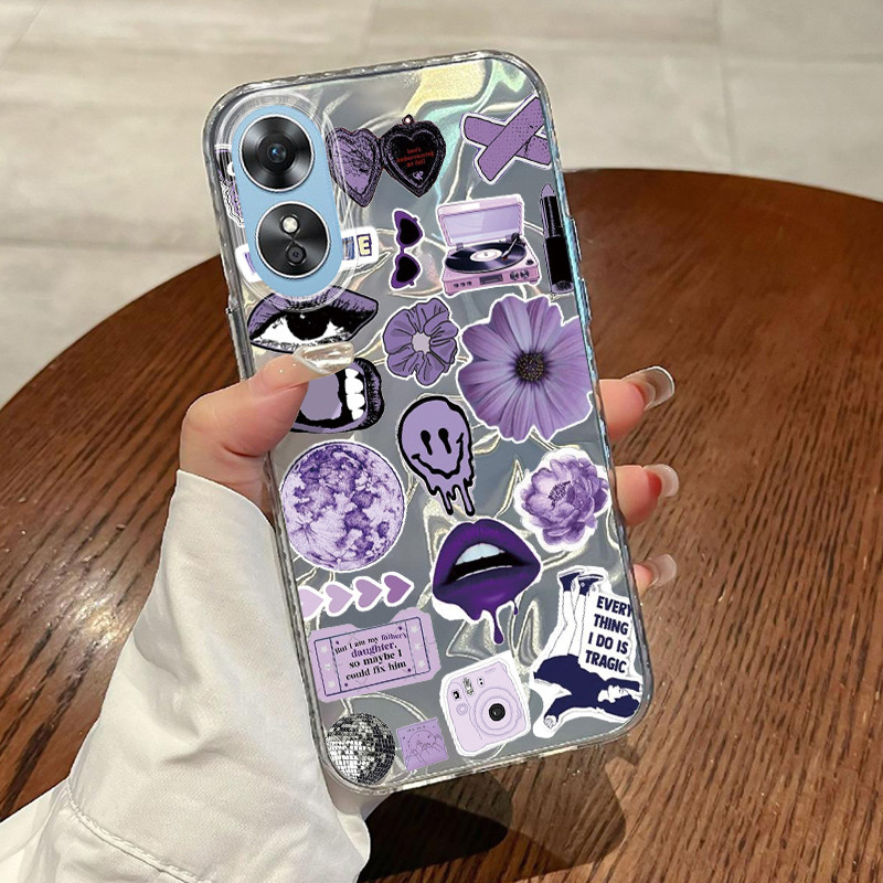 Casing Hp OPPO A17 OPPO A17K Case Casing Pola Stiker ungu HP Kasing Kasus ponsel transparan mewah Si