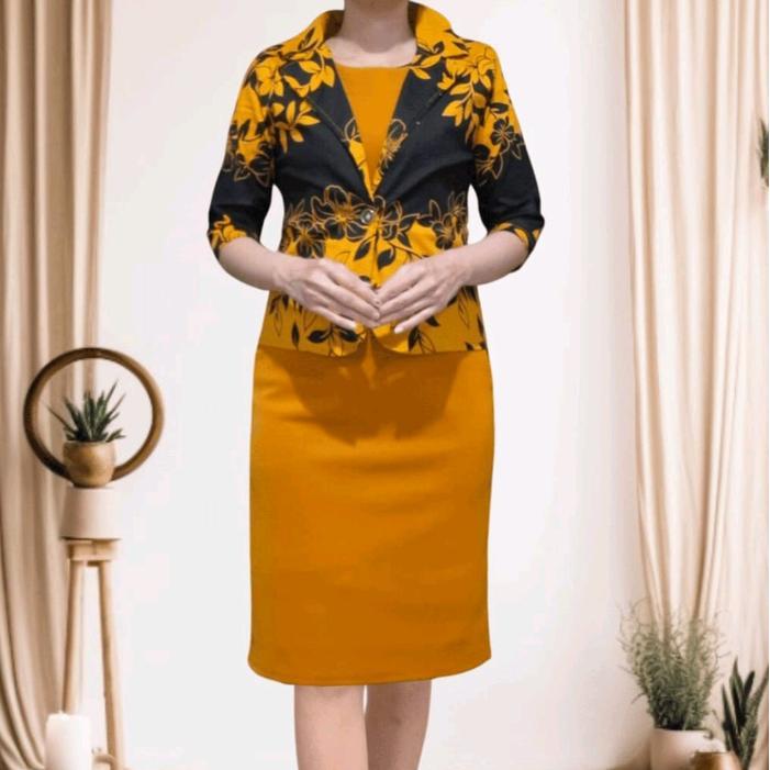 Spesial Dress Blazer 1 Set 809 / Dress Scuba Blazer Katun Bunga Terlaris