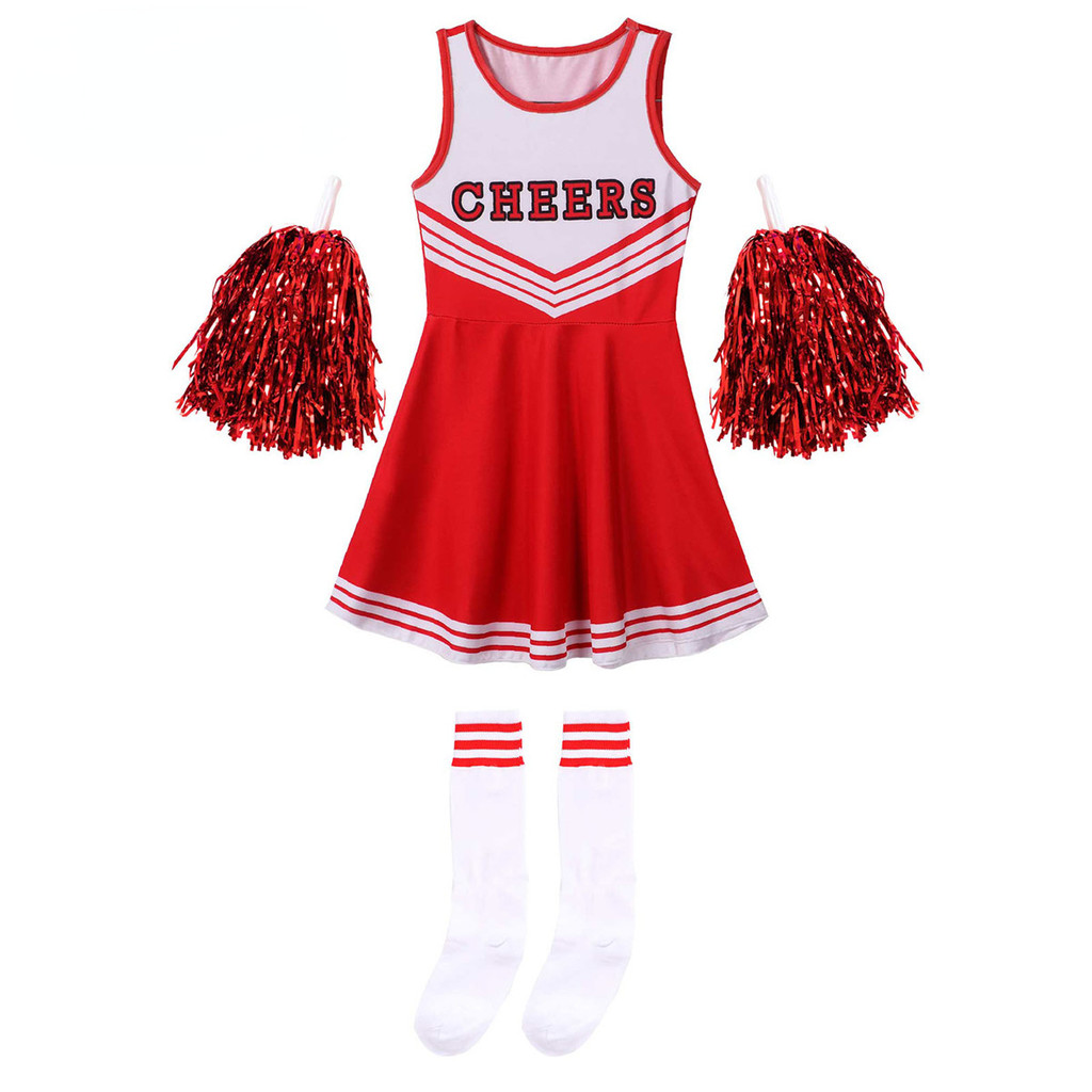 Girls Cheerleading Uniform Sleeveless Dance Costume Kids Cheerleader Outfit Round Neck Print Dress