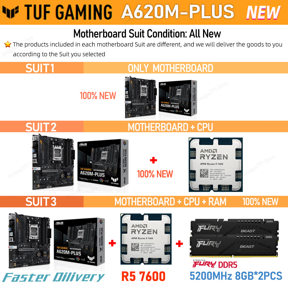 ASUS TUF GAMING A620M PLUS DDR5 Motherboard CPU RAM Combo Set R5 7600 Ryzen R5 Processor + 5200MHz 8
