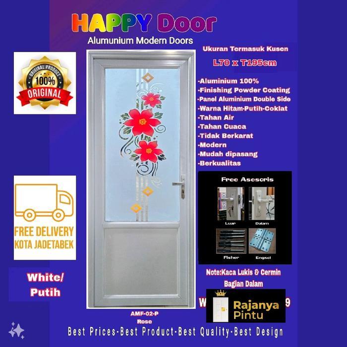 Pintu Kamar Mandi Aluminium-Happy Door-AMF 02 Rose-Depan Kaca Lukis-Dalam kaca Cermin-Putih