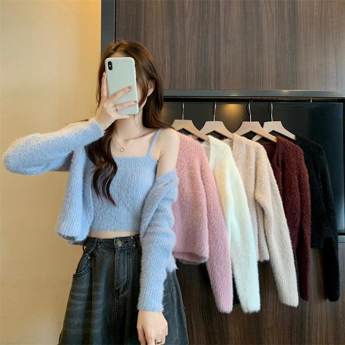 Spesial Set Dua Potong Kardigan Tali Ikat Rajutan Gaya Korea Seksi Knitwear Wanita Baju Atasan