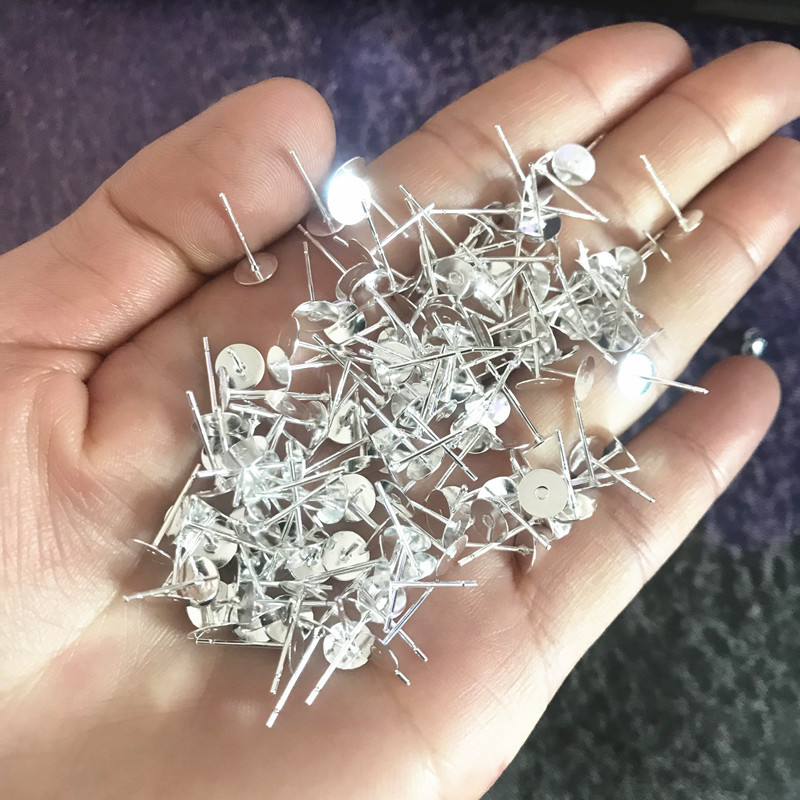 50Pcs Hypoallergenic Earring Posts 925 Silver Plated Brass Stud Earrings 4 5 6mm Flat Pad Blank Find