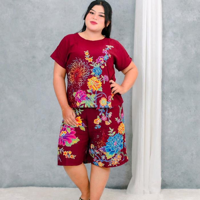 [Kencana Ungu] Setelan Celana Pendek Kencana Ungu Ori Label Biru Batik Halus Asli Setelan Celana Rok