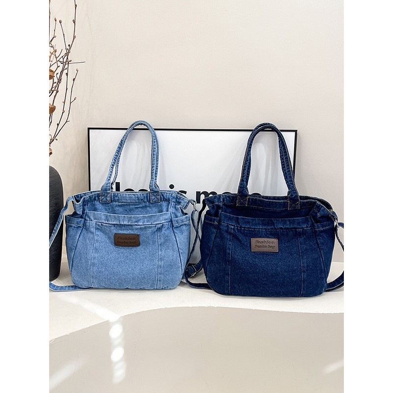 Tas Denim Wanita Kapasitas Besar Gaya Retro - Tas Selempang Unik untuk Pelajar, Tas Belanja Trendi d