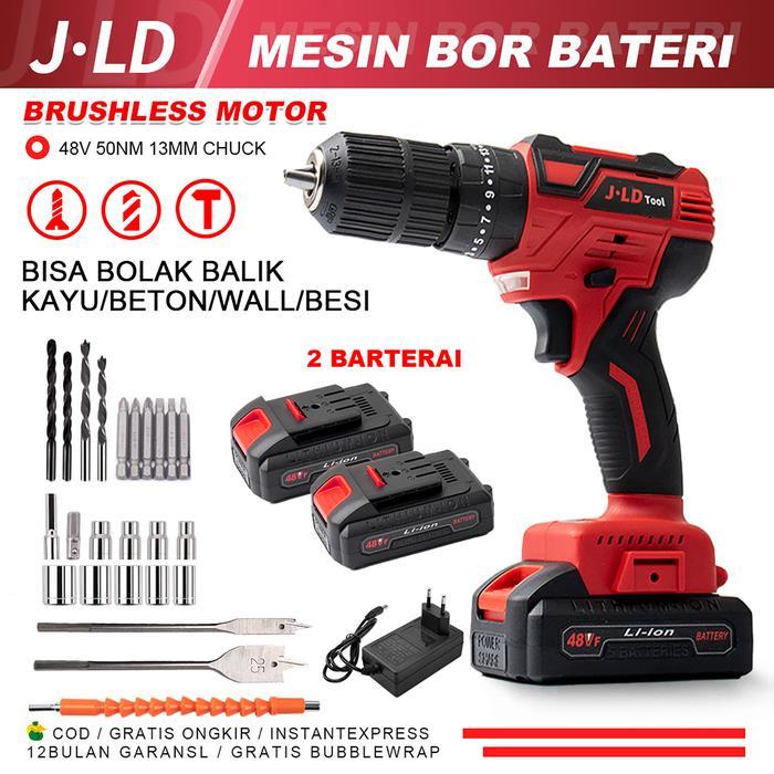 JLD bor cas murah 2 baterai 48 volt promo brushless bor impact cordless mesin bor batre bor charger