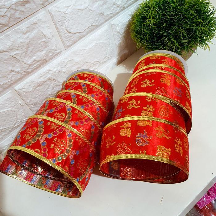 f9z4- Pita Imlek Merah 5 Cm Pita Kawat Fu Fuk Hoki Warna Merah Parcel Imlek