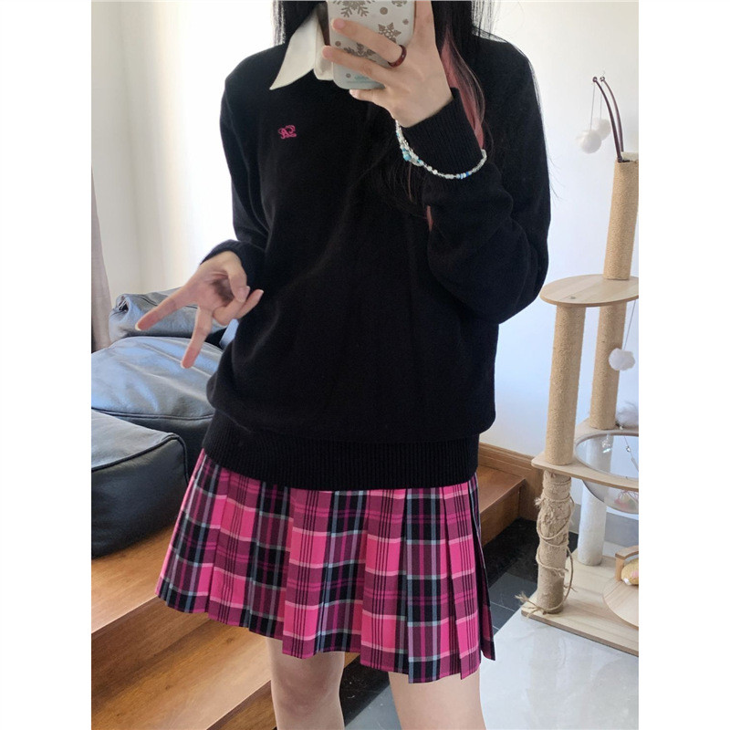 Sweater V-Neck Rajut Lengan Panjang Seragam Sekolah Jepang - Bahan Chenille, Elastis, Bordir, Desain