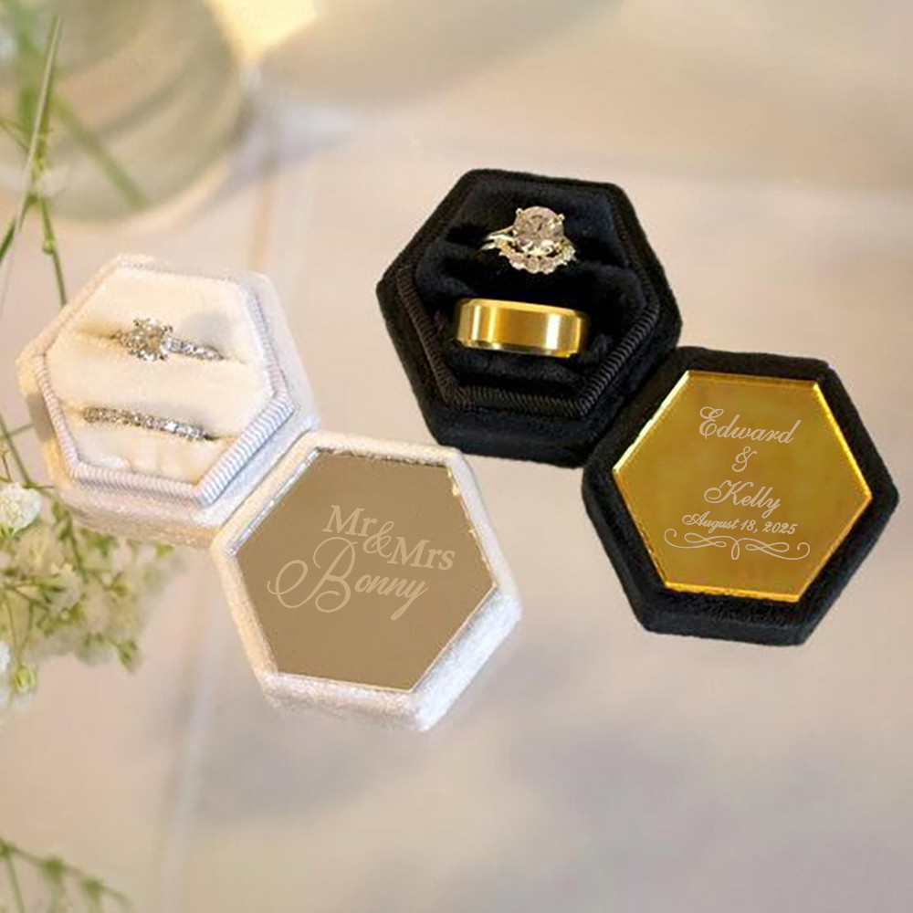 Personalized Engraved Mirror Velvet Ring Box - Custom Wedding Engagement Jewelry Box, Anniversary