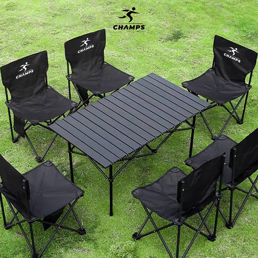 CHAMPS Meja Lipat Kursi Lipat Portable Camping Outdoor Aluminium Kursi Lipat Outdoor 1 set Meja Alat