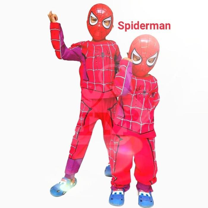 Baju Kostum Spiderman + Topeng Superhero / Baju topeng spiderman / kOSTUM SUPER-HERO / Setelan Baju