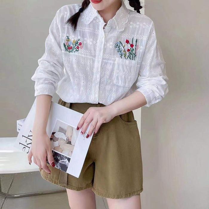 Blus Kemeja Katun Brukat Putih Dada Bordir Bunga Flora Korea Import