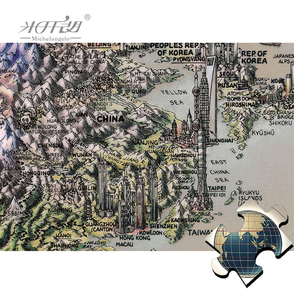 Michelangelo Wooden Jigsaw Puzzle 1000 1500 2000 Piece 3D World Map Hand Drawing Educational Toy Col