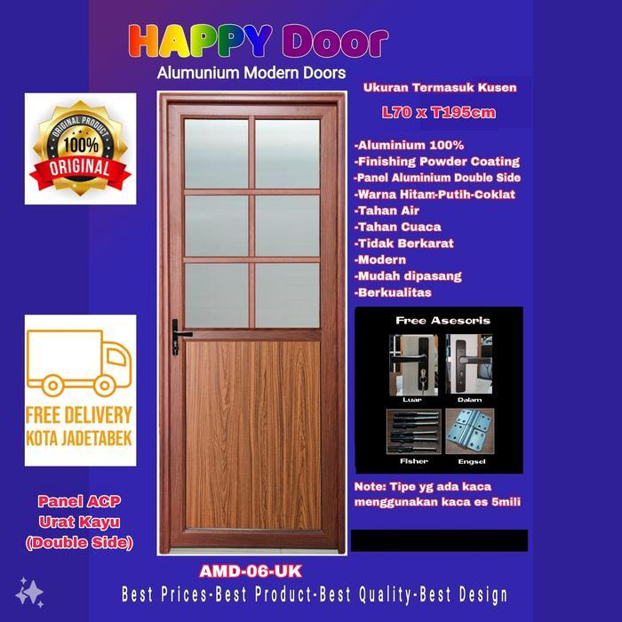 Pintu Aluminium Modern-Happy Door-AMD 06 UK-ACP Double Side-Kaca ES 5mm Ornamen-Urat Kayu