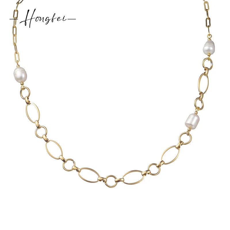 Stainless Steel Ins Style Pearl round Ring Splicing Necklace 14K Gold Versatile Choker Jewelry