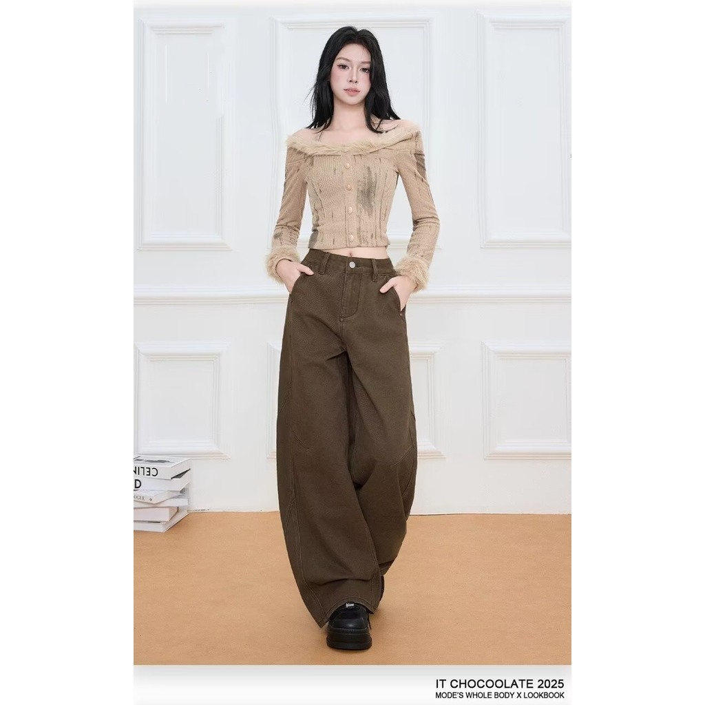 New versatile American retro silhouette curved brown jeans suitable for both men and women Y2k