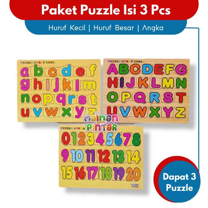 Mainan Edukasi Anak Paket Puzzle Kayu Isi 1/2/3/4 Pcs Huruf Hijaiyah Arab Huruf Besar Kecil Angka