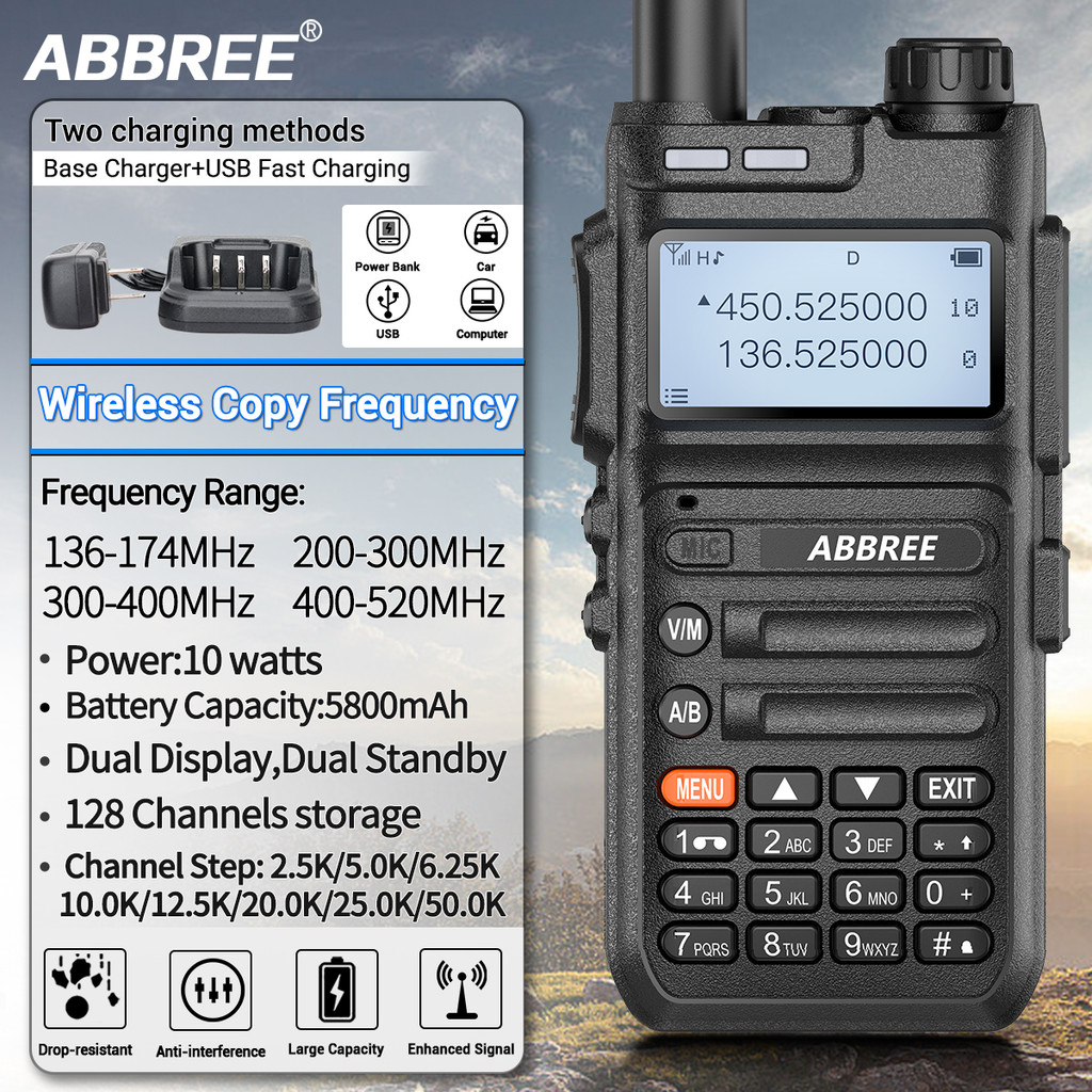 Abbree Ar-F5 136-520Mhz Multi Band Walkie Talkie 10W Wireless Copy Frequency High Capacity Usb