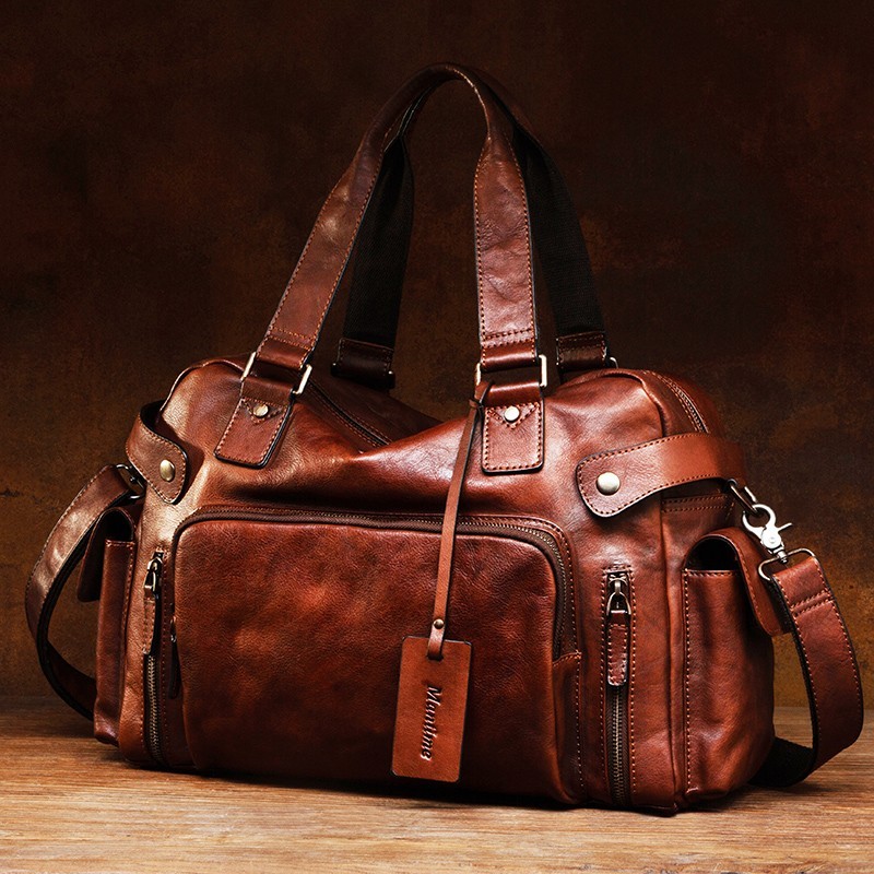 Vintage vegetable tanned leather eraser men's bag, casual shoulder bag, hand-held travel bag,