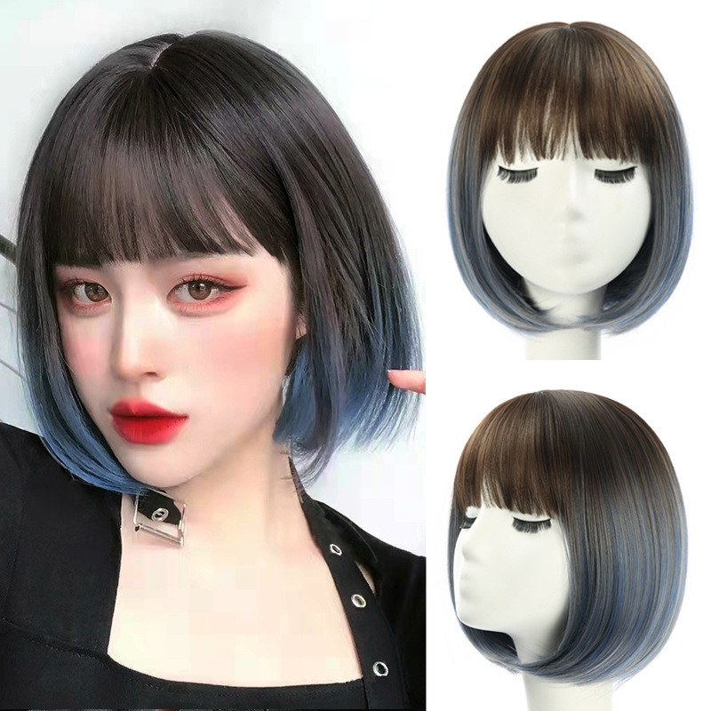 Wig Rambut Pendek Wanita Rambut Asli Topi Wig Rambut Sintetis Tahan Panas Warna Biru Abu-Abu Gradasi