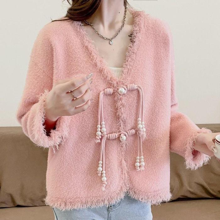 Limited Atasan Wanita Rajut Sweater Bulu Halus Kombinasi Mutiara Cantik Baju Knitwear Cardigan