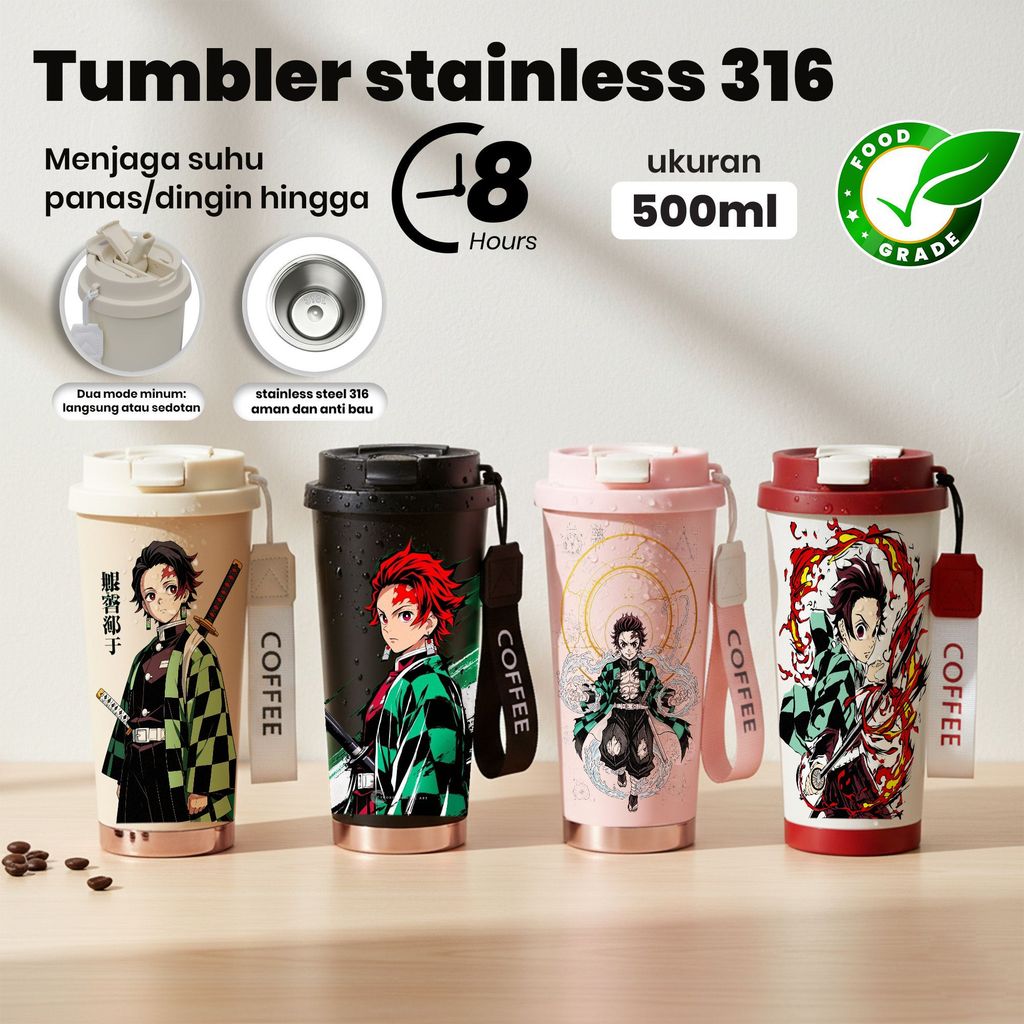Tumbler Stainless 316 500ml Minum Panas Dingin 8 Jam Karakter Anime Food Grade Lid Putih Merah Strap