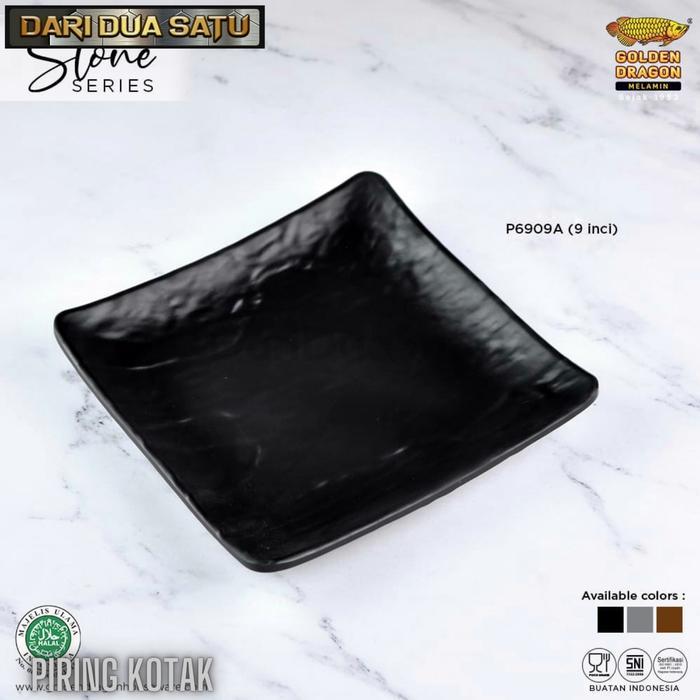 q6cr- Piring Kotak Model Batu 9 Inch Golden Dragon Melamine P6909A