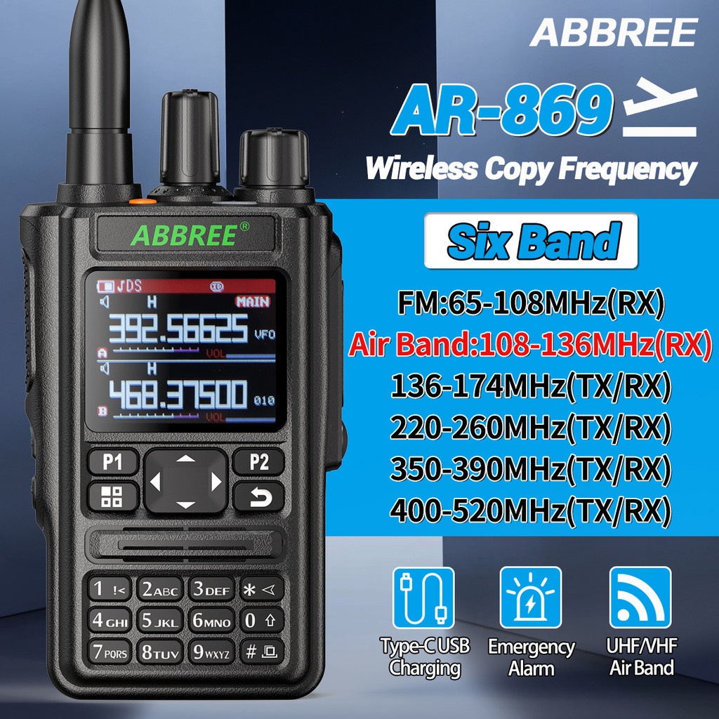 Abbree Ar-869 Air Band Walkie Talkie 136-520Mhz Full Band Uhf/Vhf Wireless Copy Frequency Type-C Usb