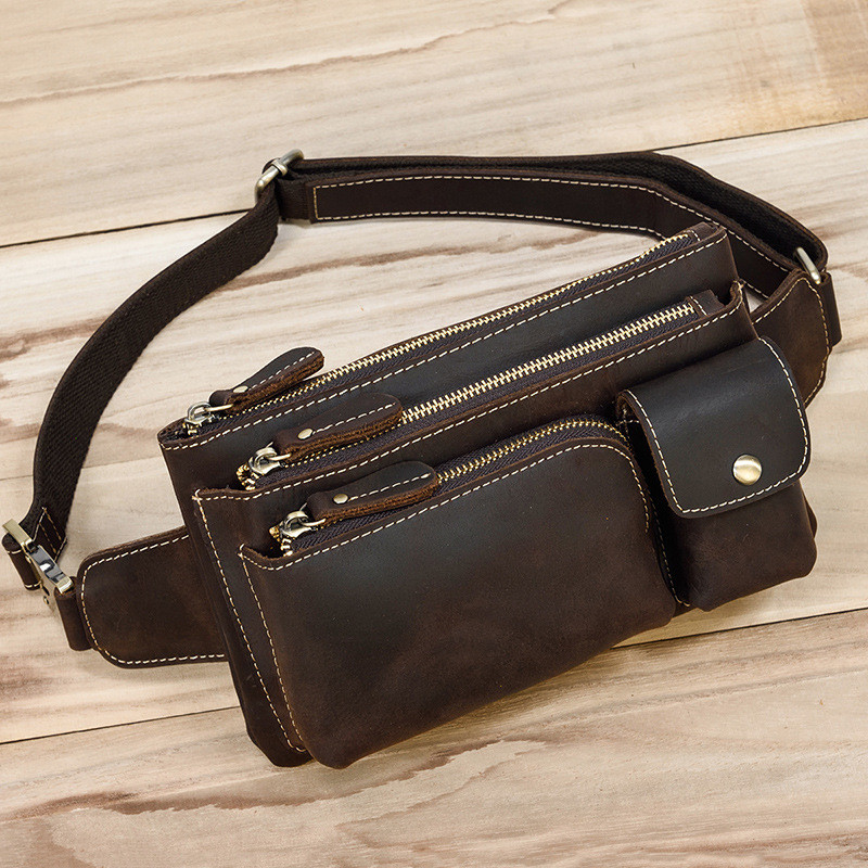 Genuine Leather Waist Bag Real Cowskin Leather Belt Pouch Mulit Pockets Leather Waist Packs Vintage