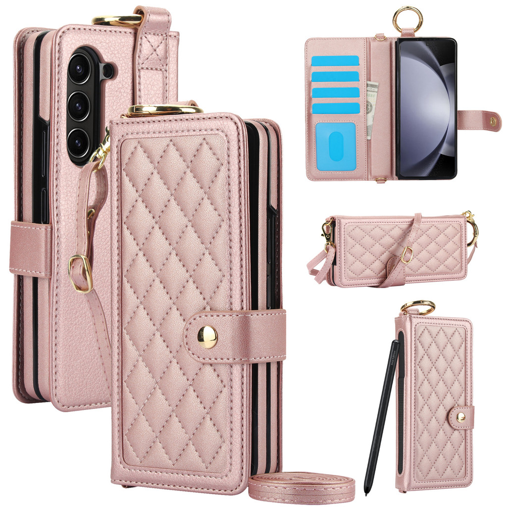 Casing Samsung Z Fold Handphone - Gaya Chanel Premium - Kulit & PC Tahan Banting - Slot S Pen - Tali