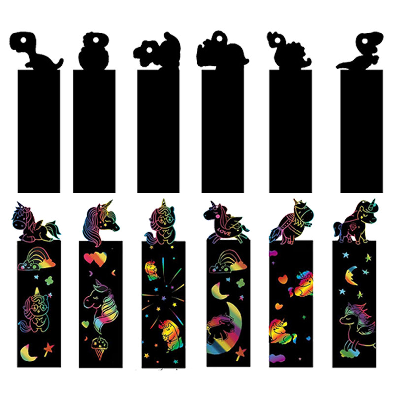 12Pcs Diy Toys Scratching Painting Paper Animal Dinosaur Unicorn Scratching Painting Colorful