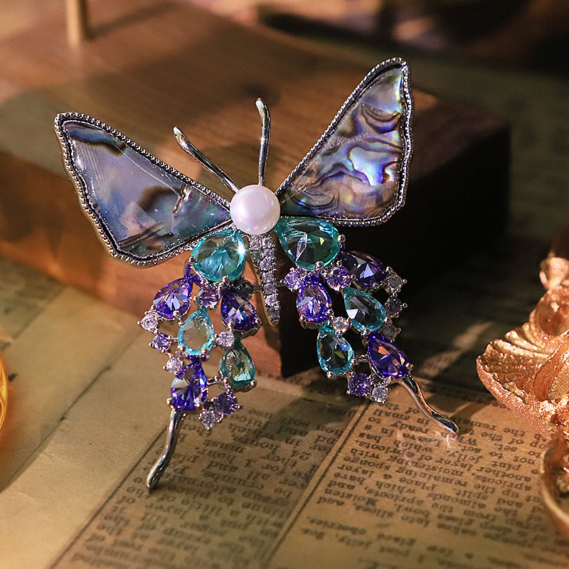 Natural Pearl Abalone Shell Green Purple Zircon Butterfly Brooch Luxury Personalized Design Brooch