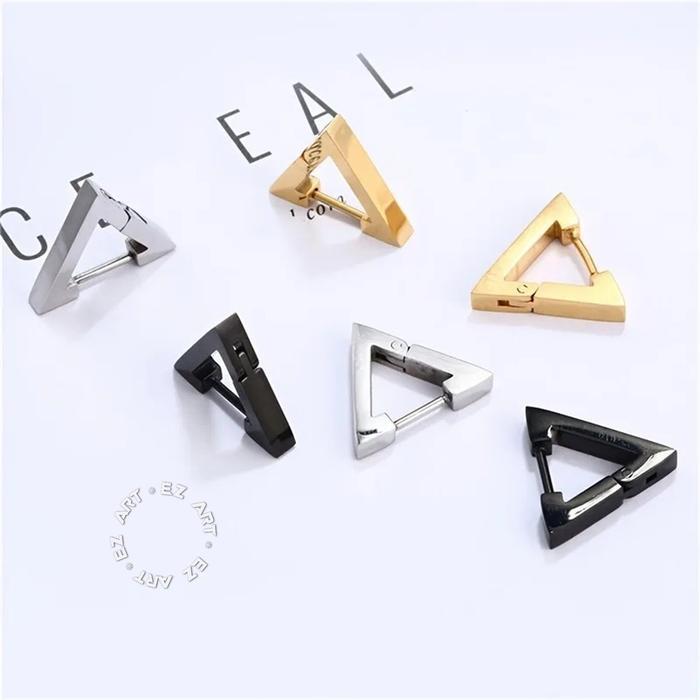 Anting Fashion Geometri Segitiga Tusuk Jepit Pria Wanita Triangle Stainless Steel Cowok Cewek Silver