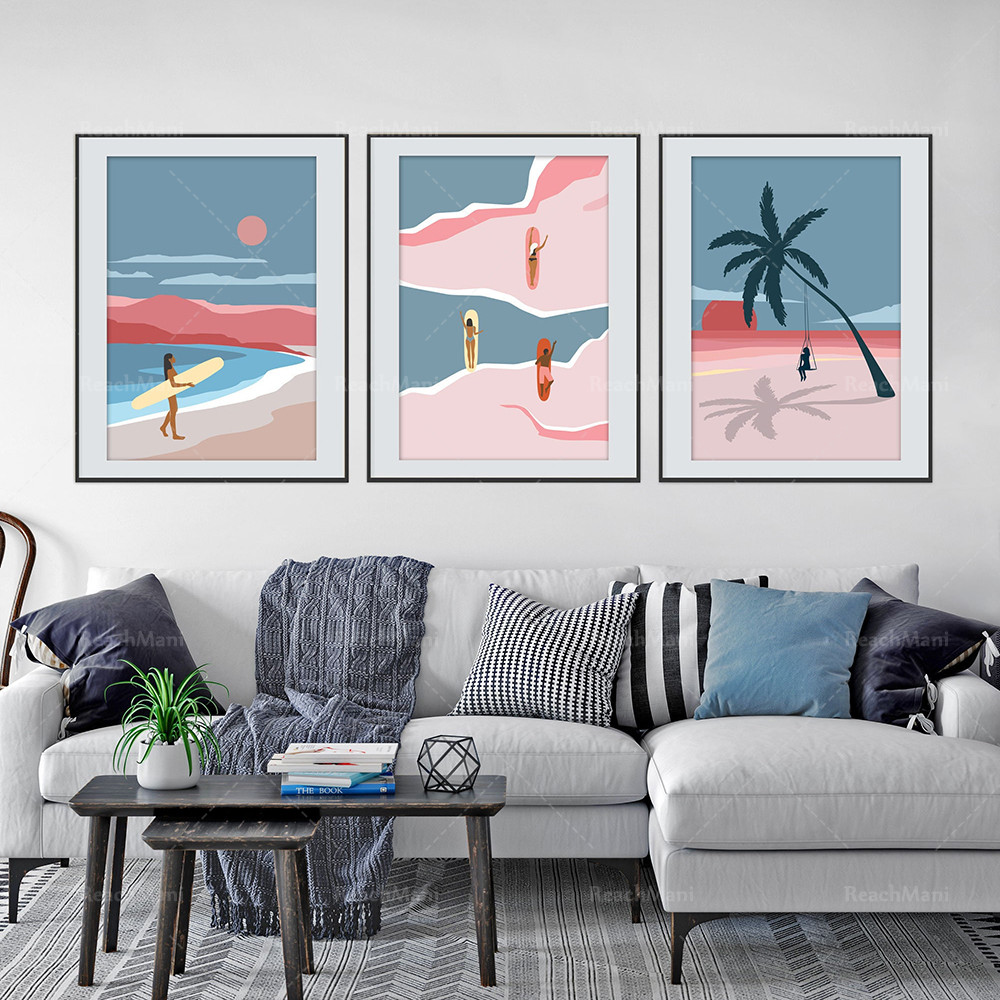 Surf poster, surf girl coast decoration, surfboard, summer adventure print, sunset beach ocean