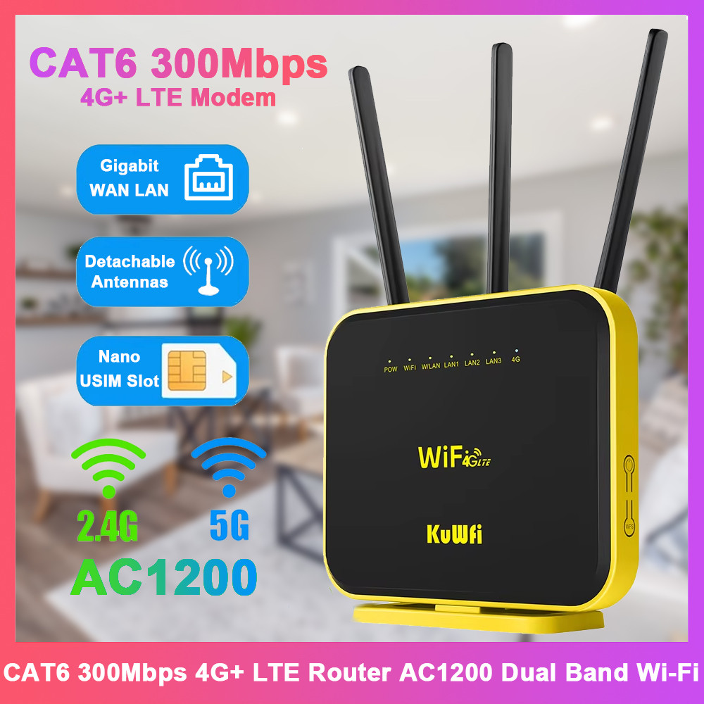 Kuwfi Cat6 300Mb 4G Lte Router Ac1200 2.4G 5Ghz Wifi 4G+ Em Gigabit Ethernet Port Detachable
