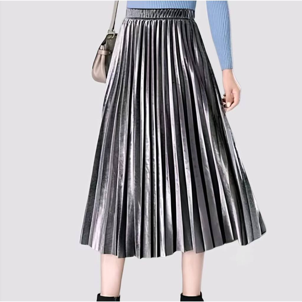Qyara Store Fashion Rok Plisket Wanita Bludru Velvet Pendek 7/8 Bahan Bludru Velvet Premium Import T