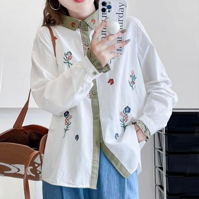 Blus Kemeja Katun Putih Bordir Bunga Lengan Ruffle Korea Import