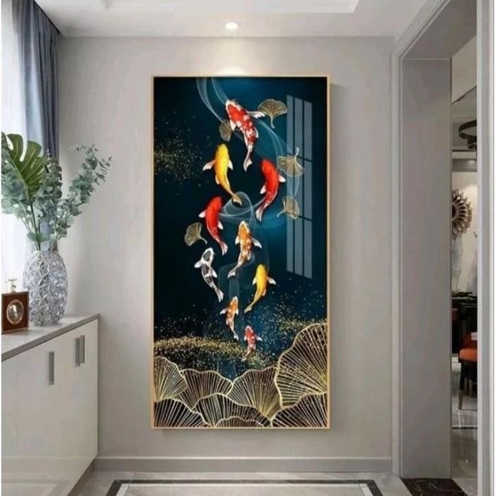 Lukisan ikan koi fengsui gold texture Home decoration aestetik