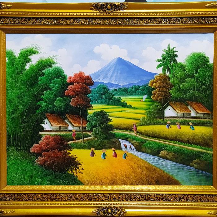 lukisan dinding kanvas pemandangan sawah besar asli tangan