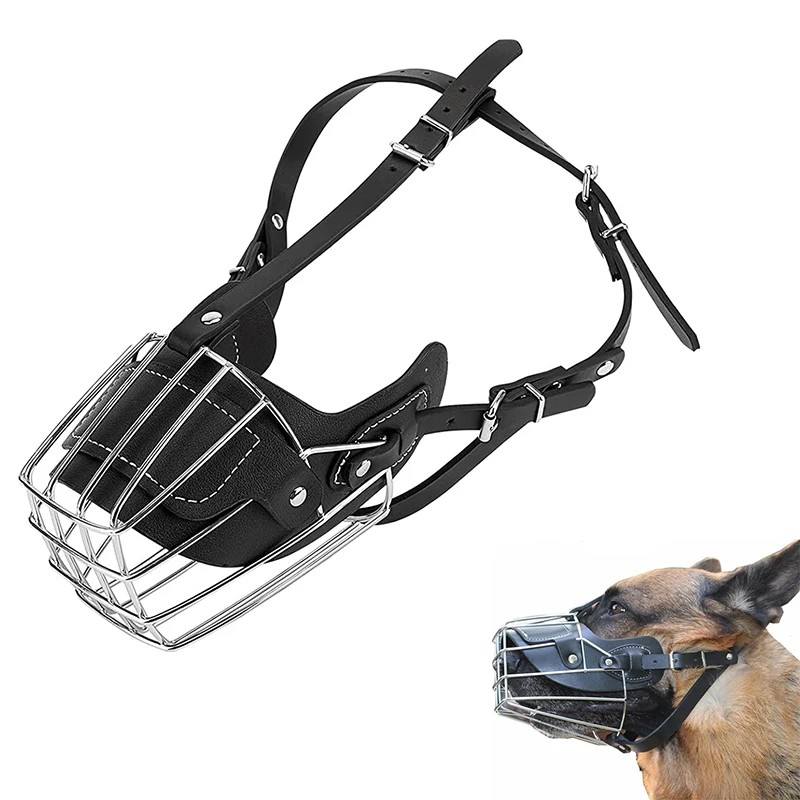 Dog Mouth Leather Protection Cover Adjustable & Breathable pet Metal Muzzle Anti-Bite Humane Basket