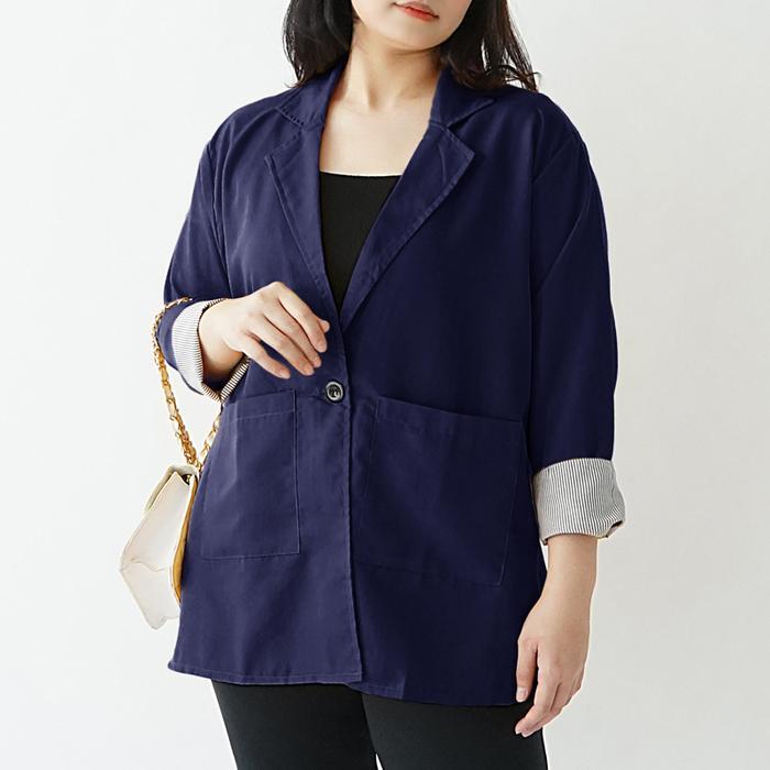 93fd- Blazer Casual Jumbo Big Size Wanita / Outer Kantor Kerja Polos Motif Salur